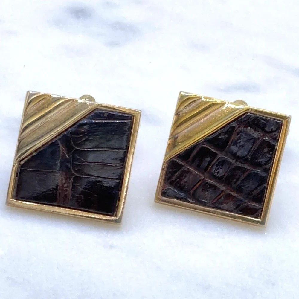 SWANK Vintage Gold Tone Brown Animal/Leather Detail Square Bullet Back Cufflinks